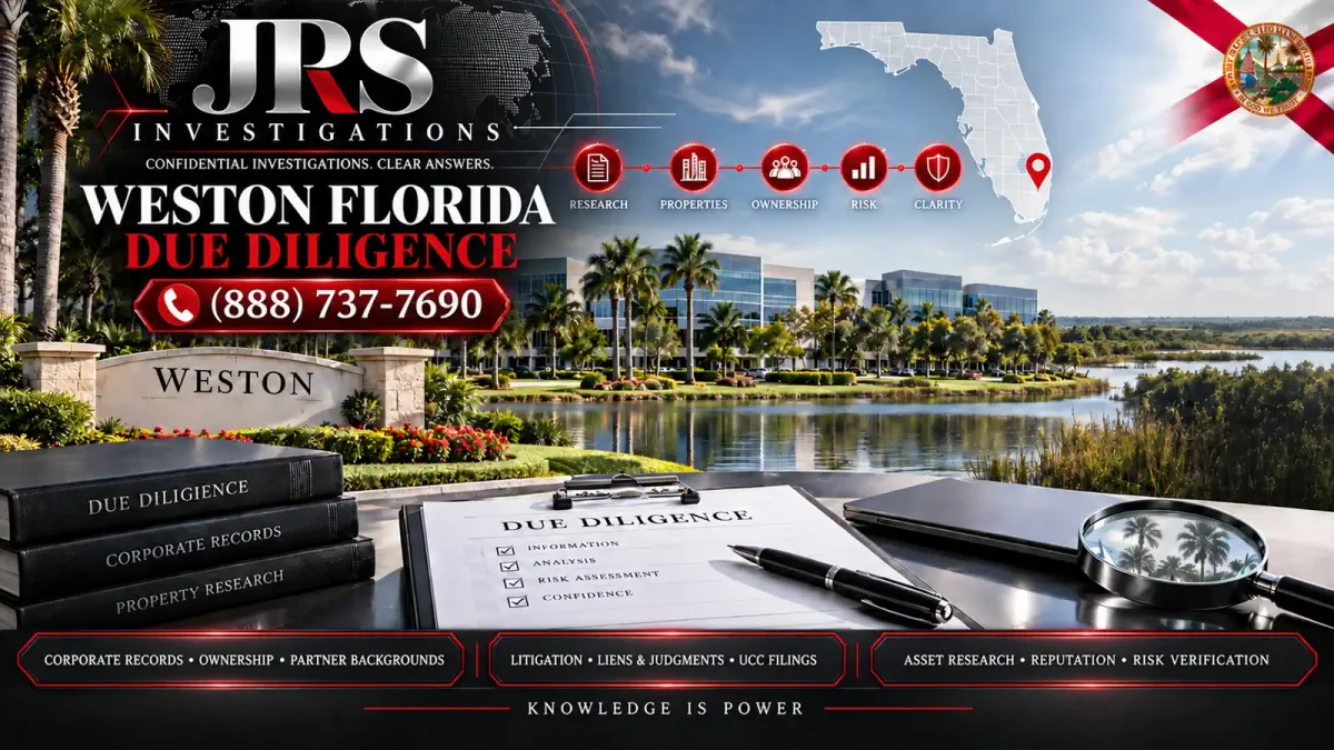 JRS Investigations Weston Florida due diligence services for corporate records, ownership, partner backgrounds, litigation, liens and judgments, UCC filings, asset research, reputation and risk verification