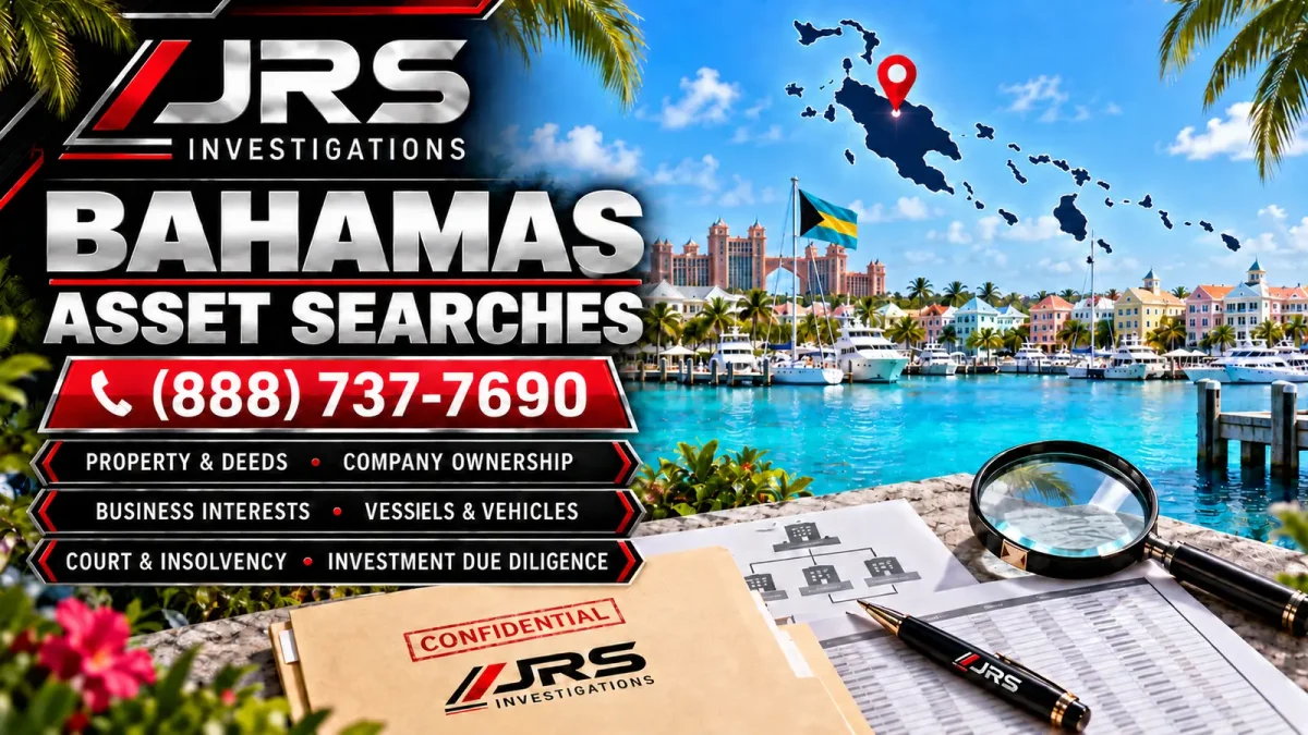 JRS Investigations Bahamas asset searches with Bahamas flag, property and deeds, company ownership, business interests, vessels and vehicles, court and insolvency, and investment due diligence