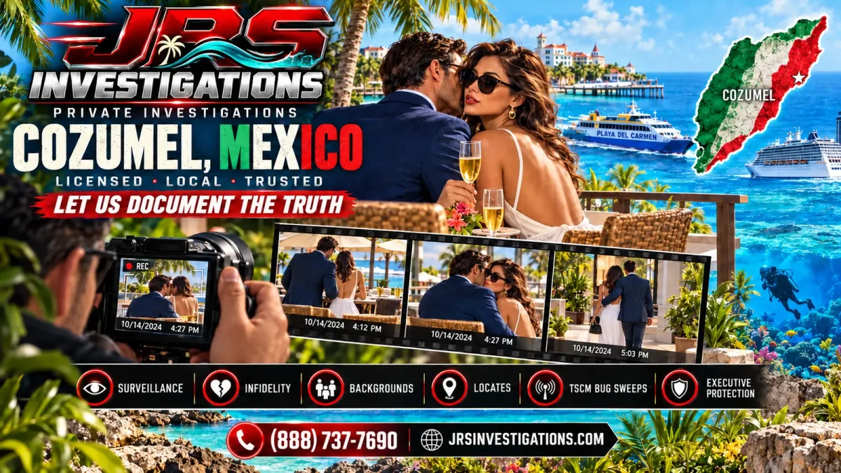 JRS Investigations Cozumel private investigator guide showing discreet documentation of suspected infidelity, surveillance, background checks, person locates, TSCM and executive protection