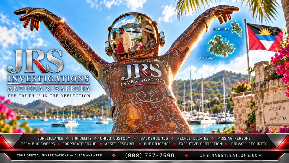 JRS Investigations Antigua and Barbuda private investigator services with a spaceman statue, 1970s infidelity surveillance reflection, labeled islands, and full service lineup