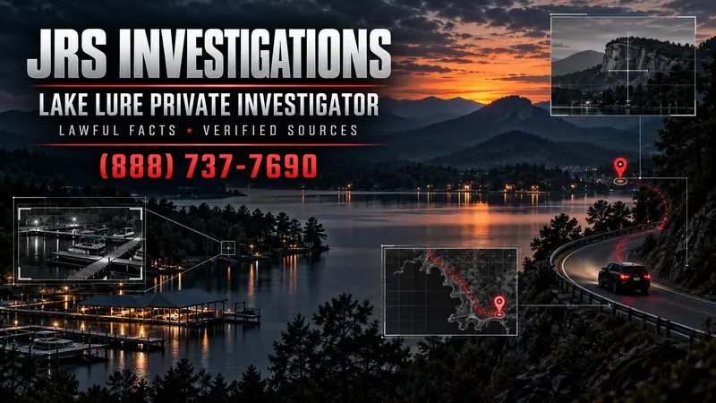 Lake Lure private investigator with mountain-lake route and verified-source graphics