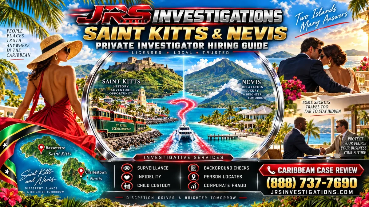 JRS Investigations Saint Kitts and Nevis private investigator hiring guide featuring surveillance, infidelity, child custody, background checks, person locates and corporate fraud