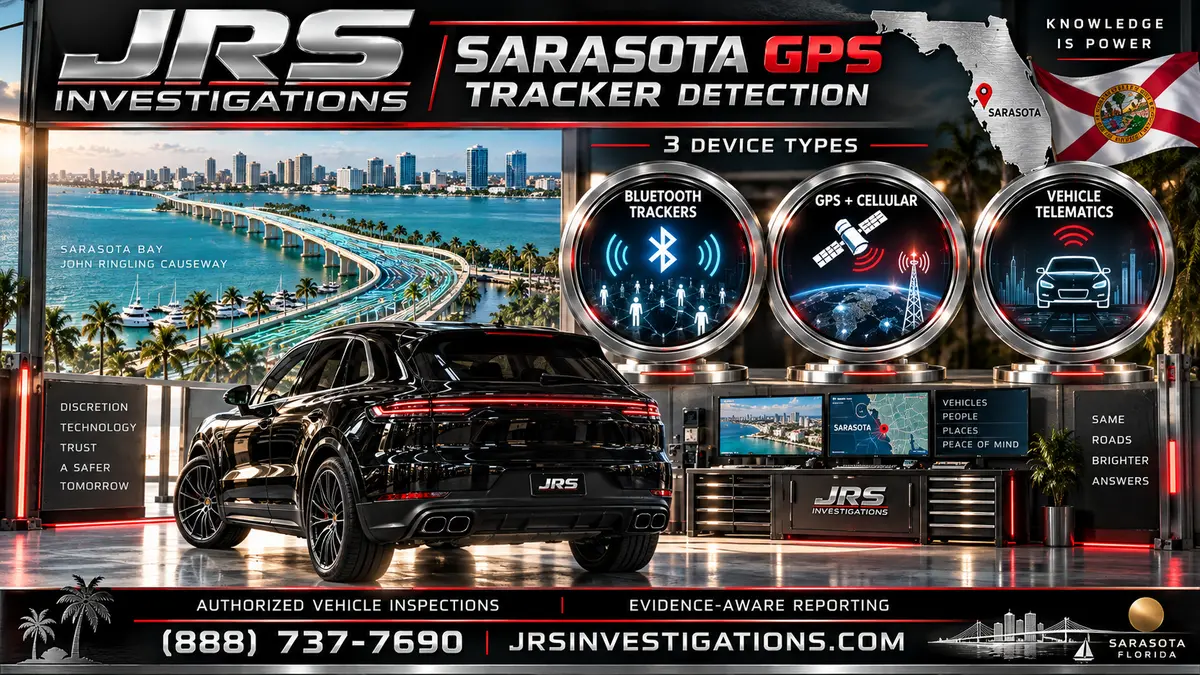 JRS Investigations Sarasota GPS tracker detection showing Bluetooth trackers, GPS cellular devices, and vehicle telematics