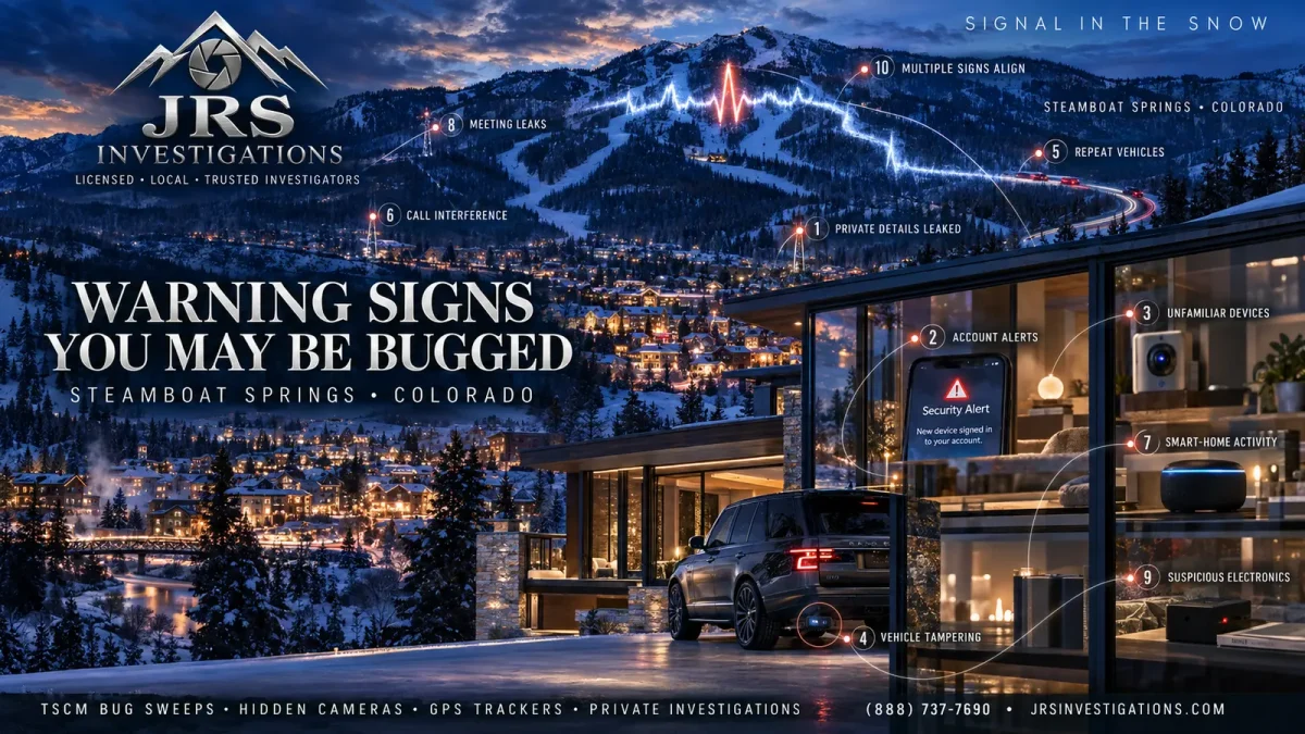 JRS Investigations Signal in the Snow artwork showing Steamboat Springs Colorado, an RF waveform across the mountain and ten warning signs of electronic surveillance
