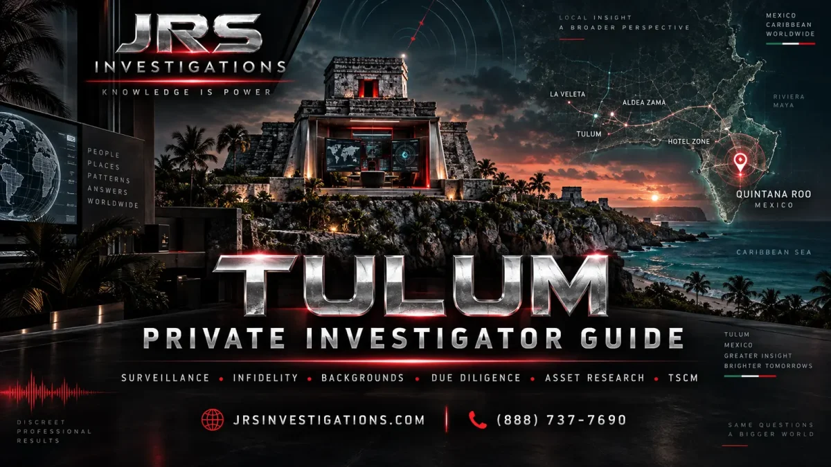 Tulum private investigator guide by JRS Investigations with Tulum ruins, Quintana Roo map and investigative technology