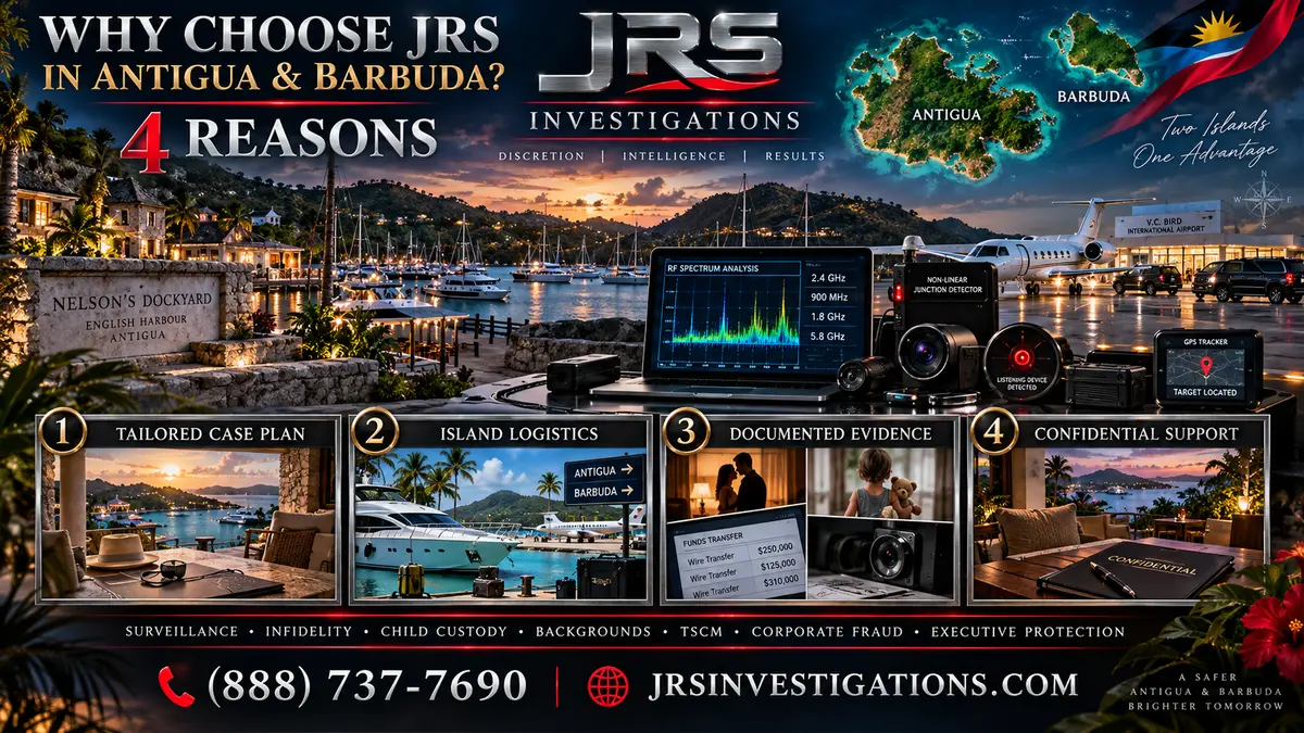JRS Investigations Antigua and Barbuda private investigator services including surveillance, TSCM, child custody, backgrounds, corporate fraud, and executive protection