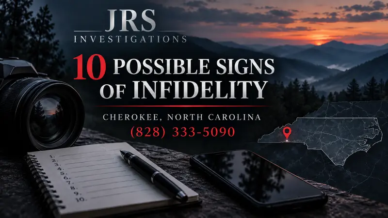 JRS Investigations artwork for 10 possible signs of infidelity in Cherokee, North Carolina with Great Smoky Mountains, camera, numbered checklist, phone and western North Carolina map