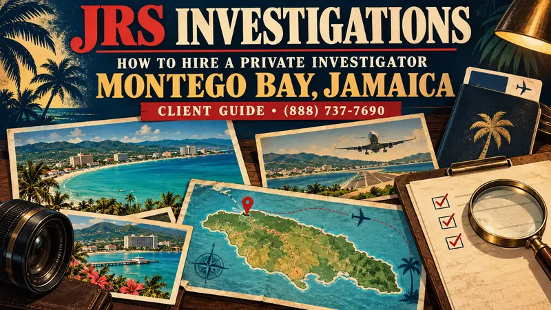 Retro JRS Investigations client guide artwork for hiring a private investigator in Montego Bay Jamaica with coastline, airport, checklist, camera lens and Jamaica map pin