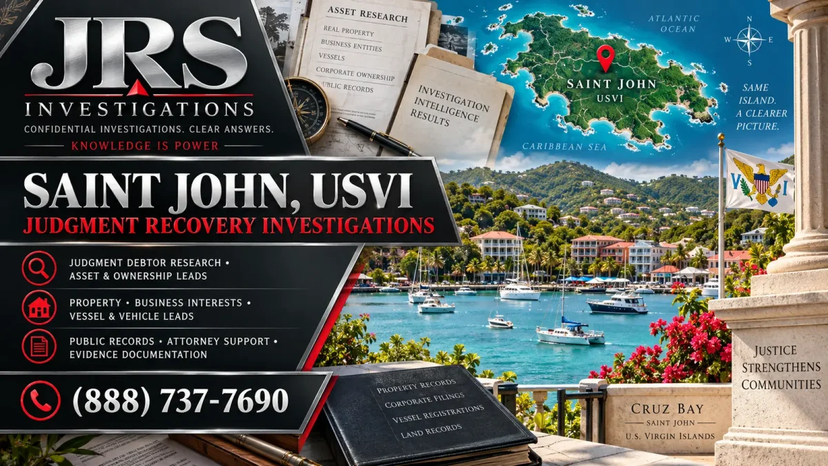 JRS Investigations Saint John USVI judgment recovery services with Cruz Bay, USVI flag, island map and lawful asset research service panels