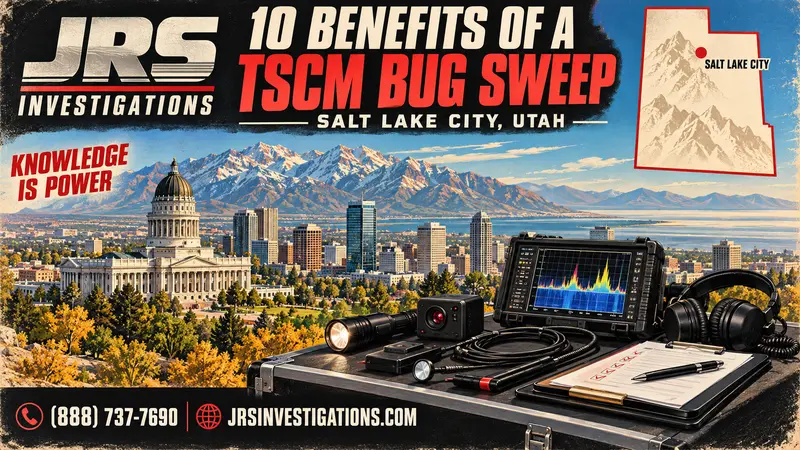 Salt Lake City TSCM bug sweep equipment with Utah Capitol, Wasatch Mountains and Salt Lake City map