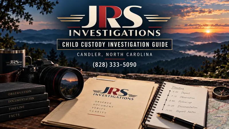 JRS Investigations child custody investigation guide for Candler, North Carolina with Blue Ridge Mountains, camera and case notes