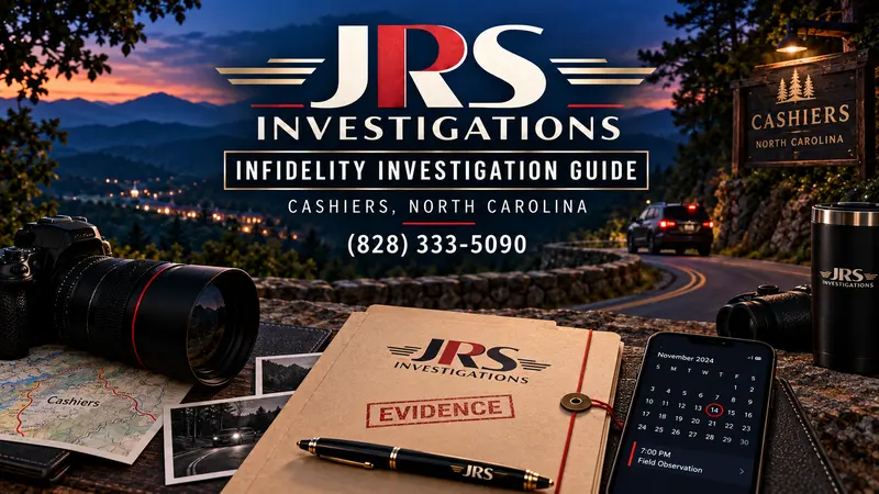JRS Investigations infidelity investigation guide for Cashiers, North Carolina with mountain road, observation vehicle, case file and calendar