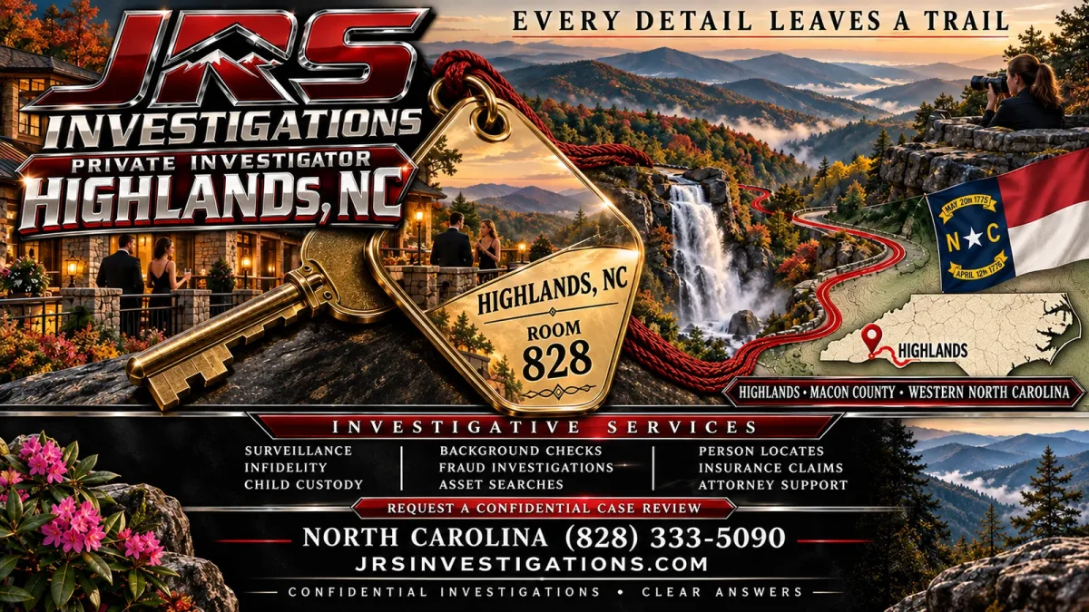 JRS Investigations private investigator in Highlands NC providing surveillance, infidelity, child custody, background checks, fraud, asset searches, person locates, insurance claims, and attorney support
