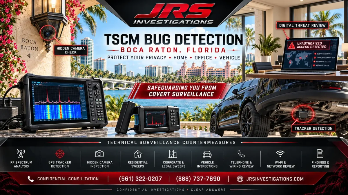 JRS Investigations TSCM bug detection in Boca Raton Florida showing RF spectrum analysis, hidden camera inspection, digital threat review, and GPS tracker detection under a vehicle