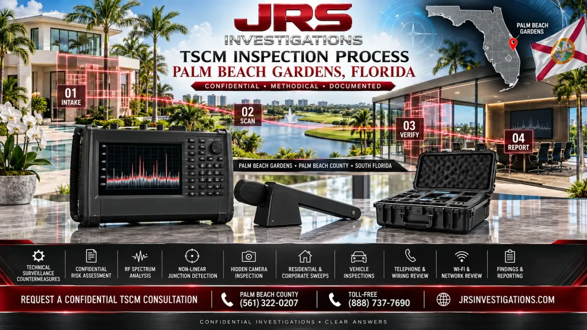 JRS Investigations TSCM inspection process in Palm Beach Gardens Florida with RF spectrum analysis, NLJD, hidden camera inspection, residential, corporate, and vehicle services