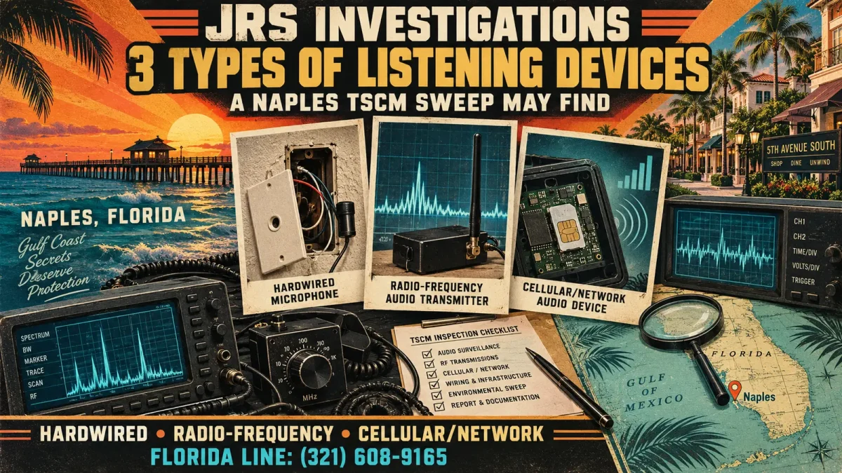 Naples TSCM bug sweep for hardwired, radio-frequency, and cellular or network listening devices — Florida line (321) 608-9165