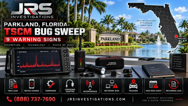 JRS Investigations Parkland Florida TSCM bug sweep with nine warning signs, professional detection equipment and a Florida map with a red Parkland location marker
