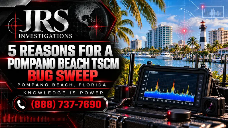JRS Investigations high-tech Pompano Beach TSCM bug sweep artwork with waterfront, spectrum analyzer, and phone number 888-737-7690