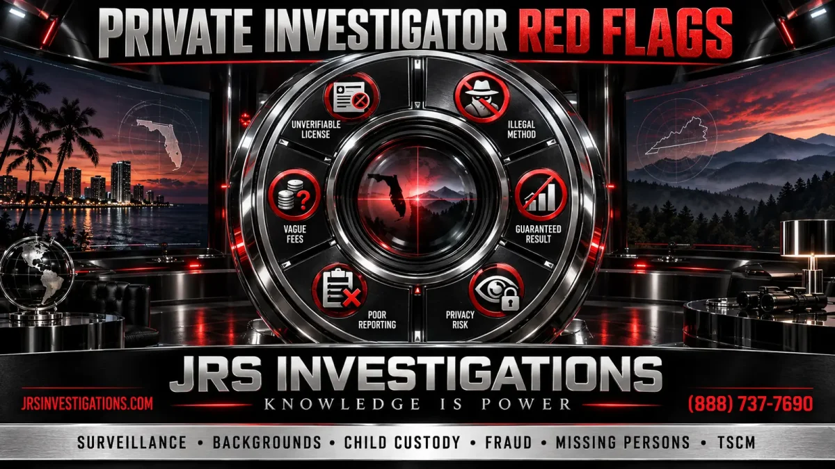 JRS Investigations private investigator red flags guide with license, illegal methods, vague fees, guarantees, reporting and privacy warning symbols