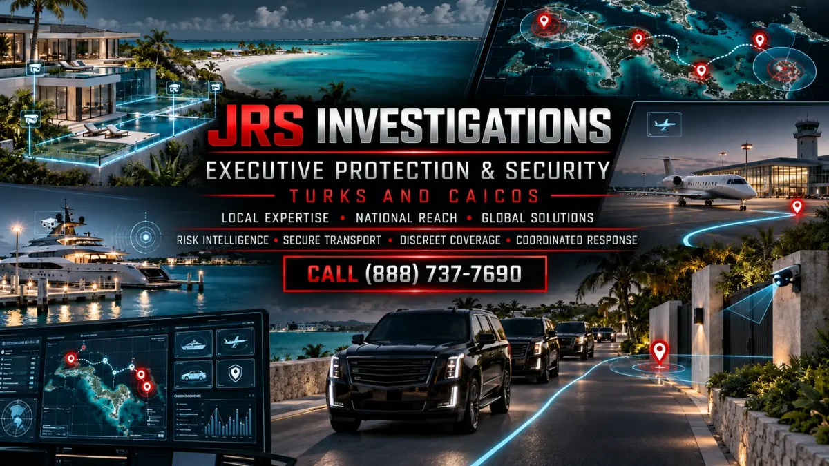 Modern Turks and Caicos executive protection and security planning with secure transport, villa monitoring, and route intelligence — call (888) 737-7690
