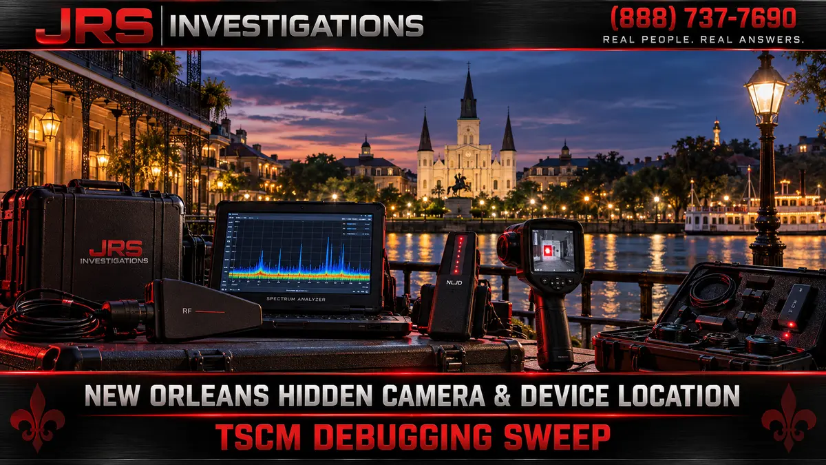 JRS Investigations TSCM equipment and New Orleans Jackson Square illustration