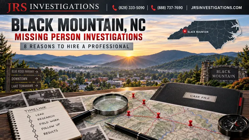 Black Mountain NC missing person investigator featured artwork with Blue Ridge Mountains, case timeline, investigation map and location marker