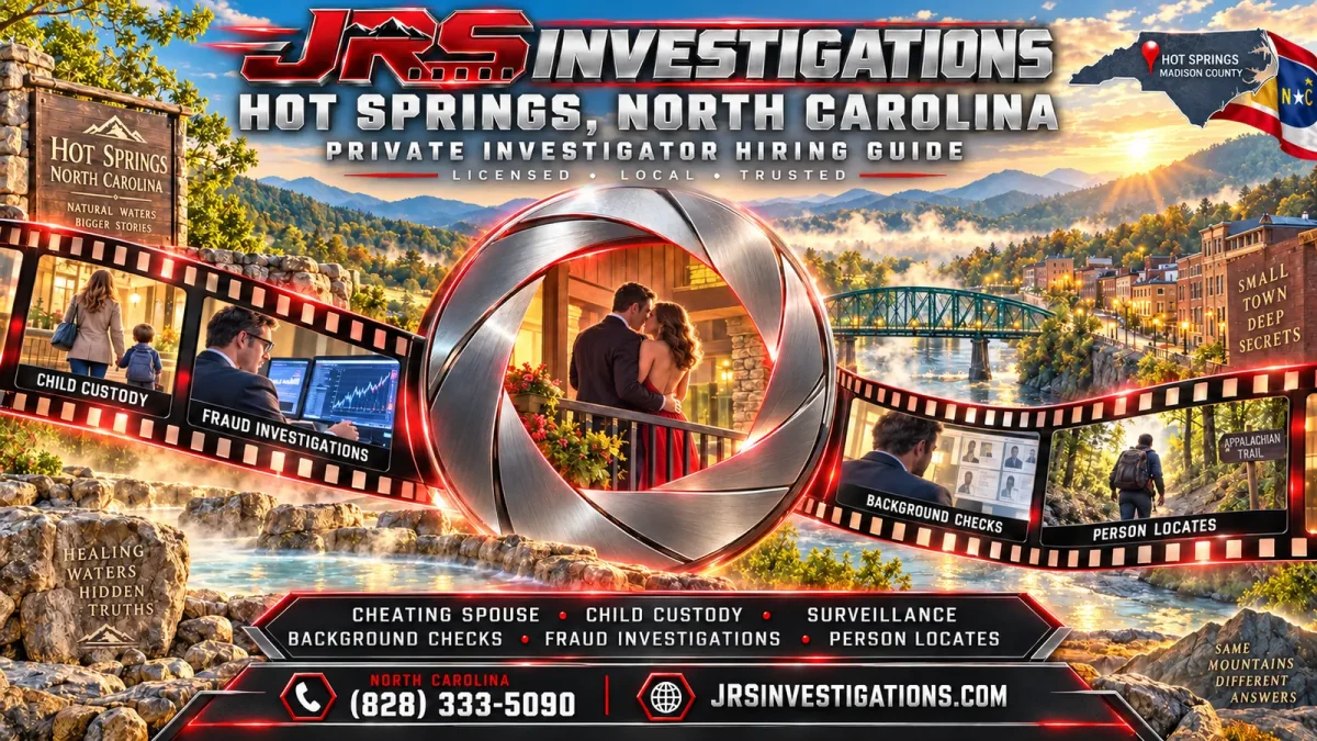 JRS Investigations Hot Springs North Carolina private investigator hiring guide featuring surveillance, cheating spouse, child custody, background checks, fraud investigations and person locates