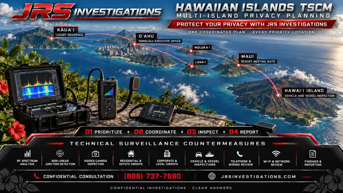 JRS Investigations Hawaiian Islands TSCM planning with RF spectrum analysis, NLJD, hidden camera inspection, and coordinated residential, corporate, vehicle, and vessel services
