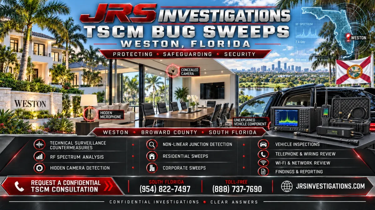 JRS Investigations TSCM bug sweeps in Weston Florida with RF spectrum analysis, hidden camera detection, NLJD, residential, corporate, and vehicle inspections
