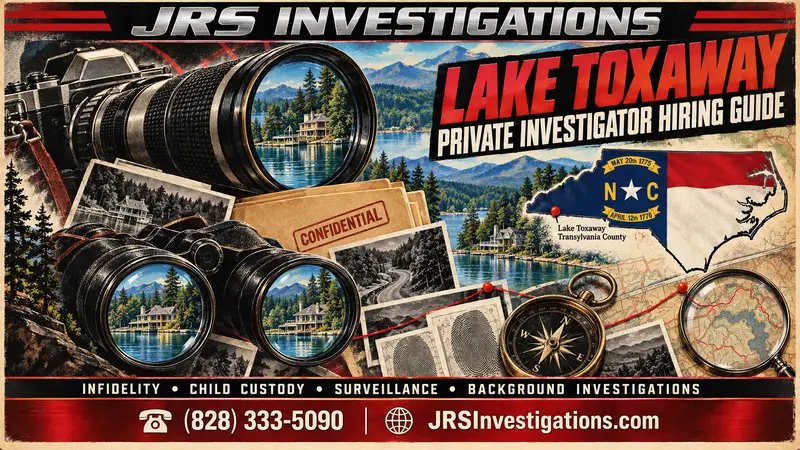 1970s-style JRS Investigations Lake Toxaway private investigator hiring guide with North Carolina flag, mountain lake, camera, binoculars and investigative evidence