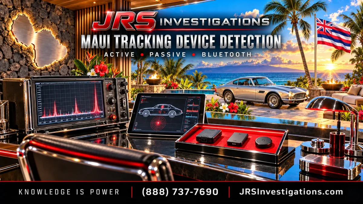 JRS Investigations Maui tracking device detection with Hawaii flag, RF equipment and active, passive and Bluetooth trackers