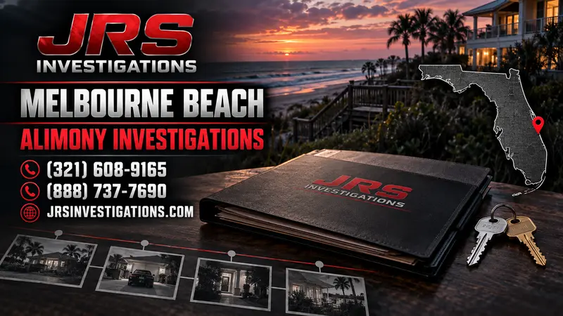 JRS Investigations Melbourne Beach alimony investigations with coastal residence, Florida map, location pin, case file, and keys