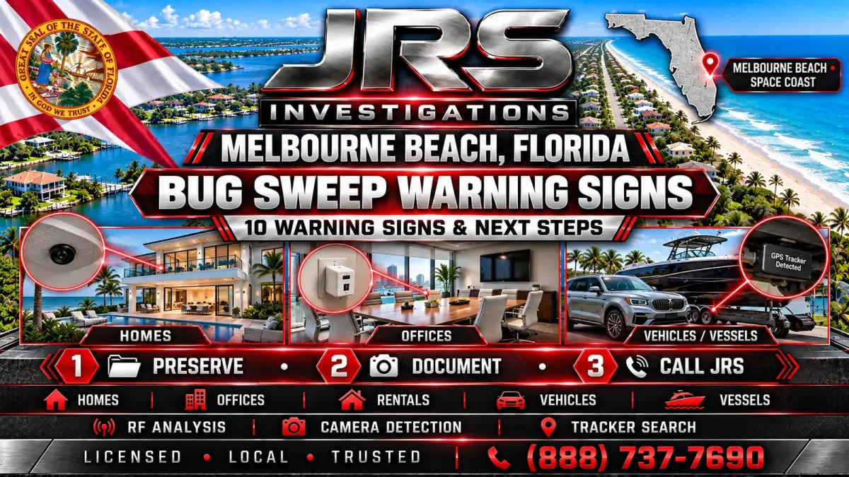 JRS Investigations Melbourne Beach Florida bug sweep warning signs for homes, offices, rentals, vehicles and vessels