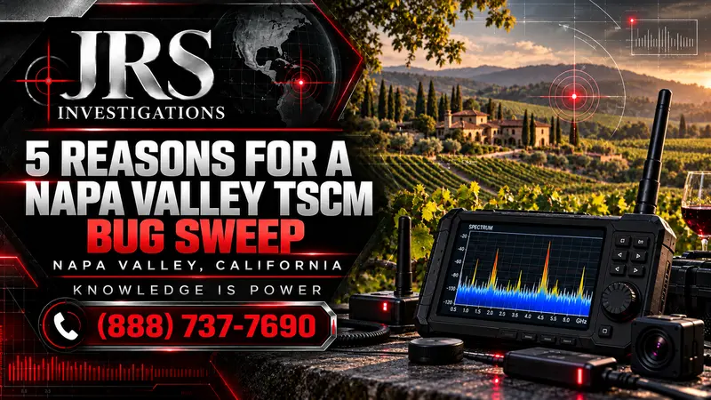 JRS Investigations high-tech Napa Valley TSCM bug sweep artwork with vineyard, spectrum analyzer, and phone number 888-737-7690