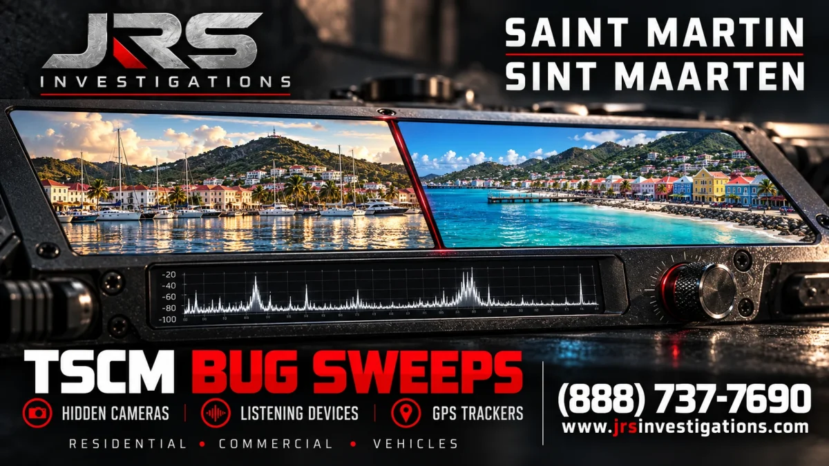 Saint Martin and Sint Maarten TSCM bug sweeps, hidden camera, listening device and GPS tracker detection by JRS Investigations.