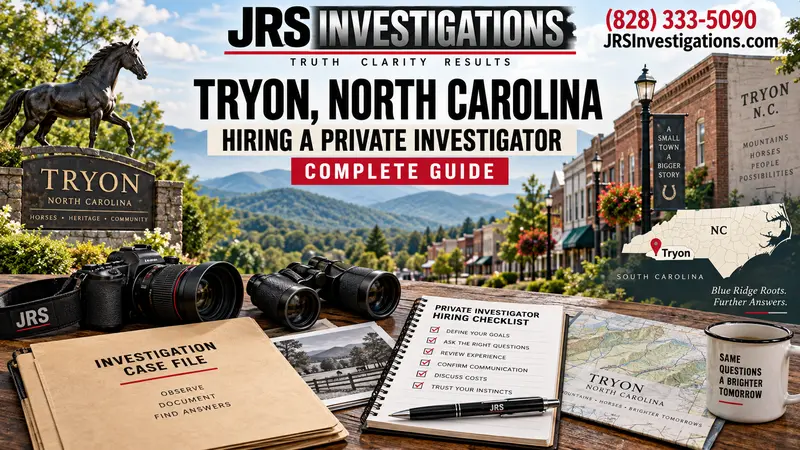 Tryon North Carolina private investigator hiring guide with Blue Ridge foothills, camera, binoculars and NC map marker