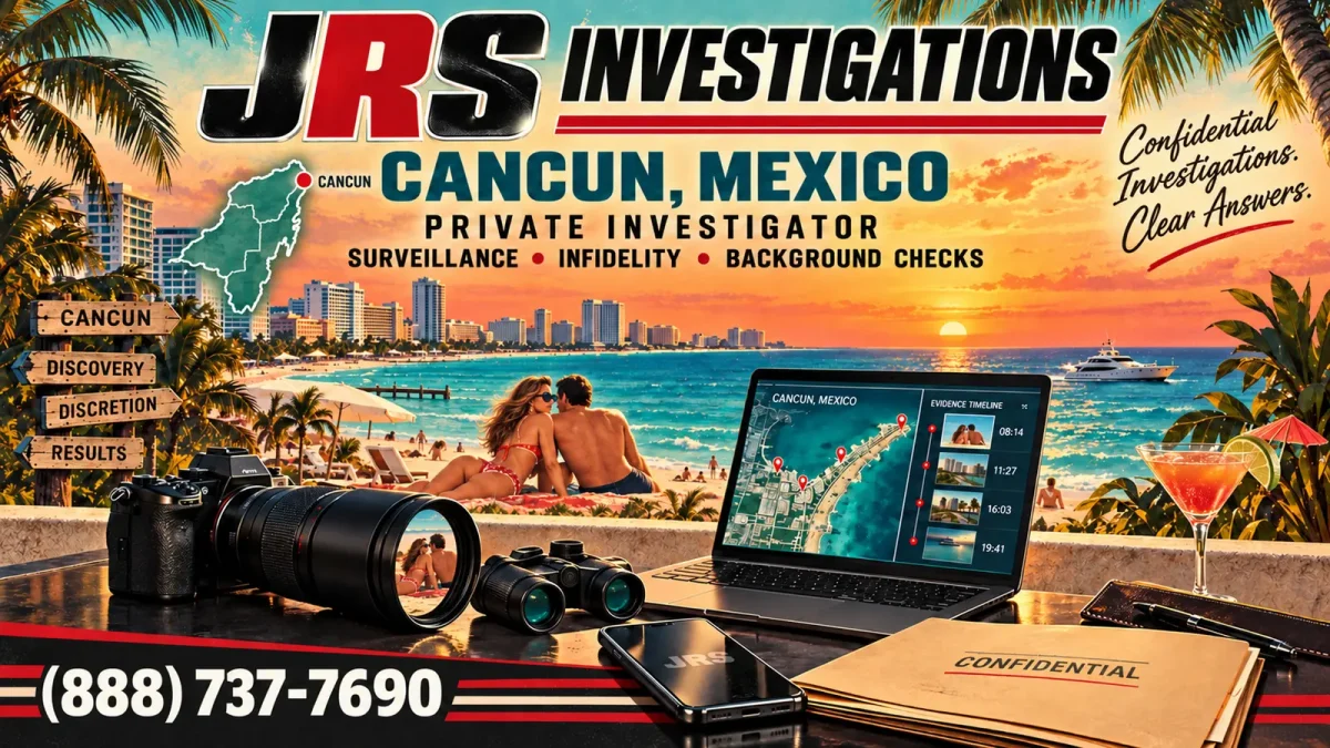 JRS Investigations Cancun infidelity surveillance artwork with a red location marker, beach couple and modern investigative equipment
