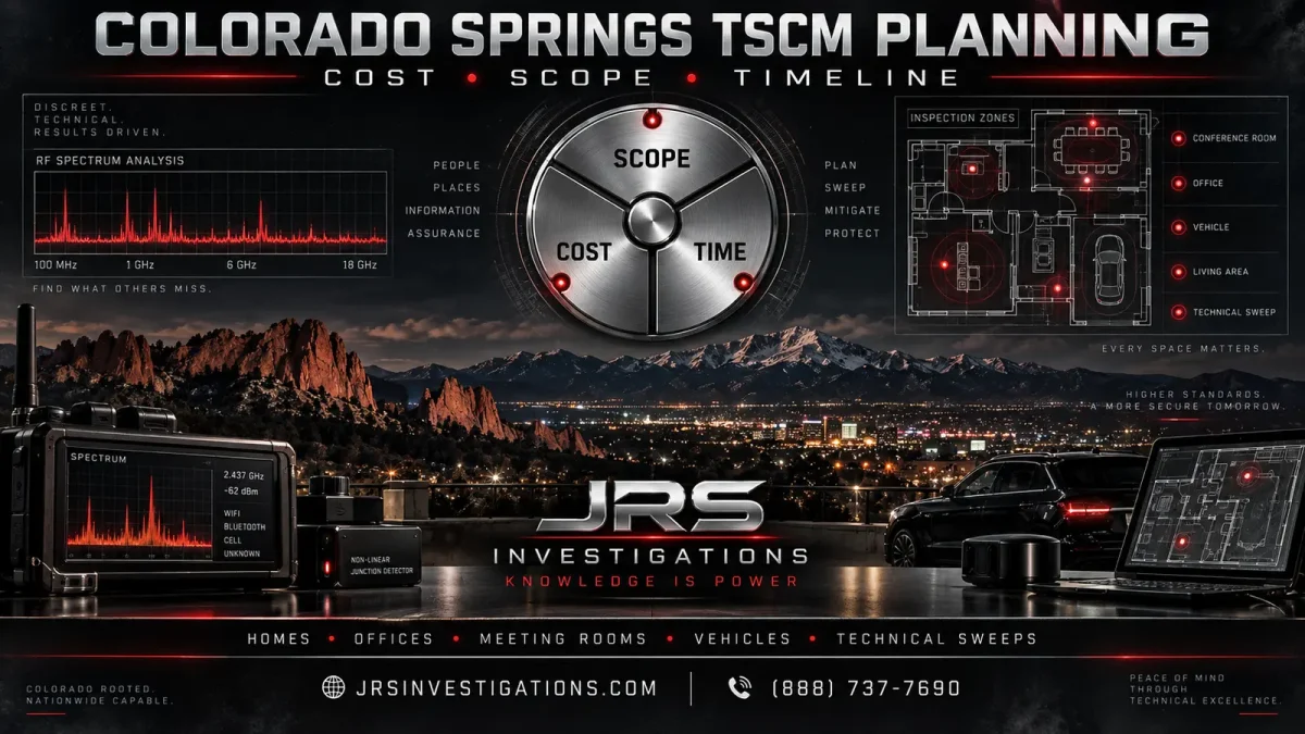 Colorado Springs TSCM planning guide by JRS Investigations with Pikes Peak, RF analysis, floor plan and cost scope timeline dial