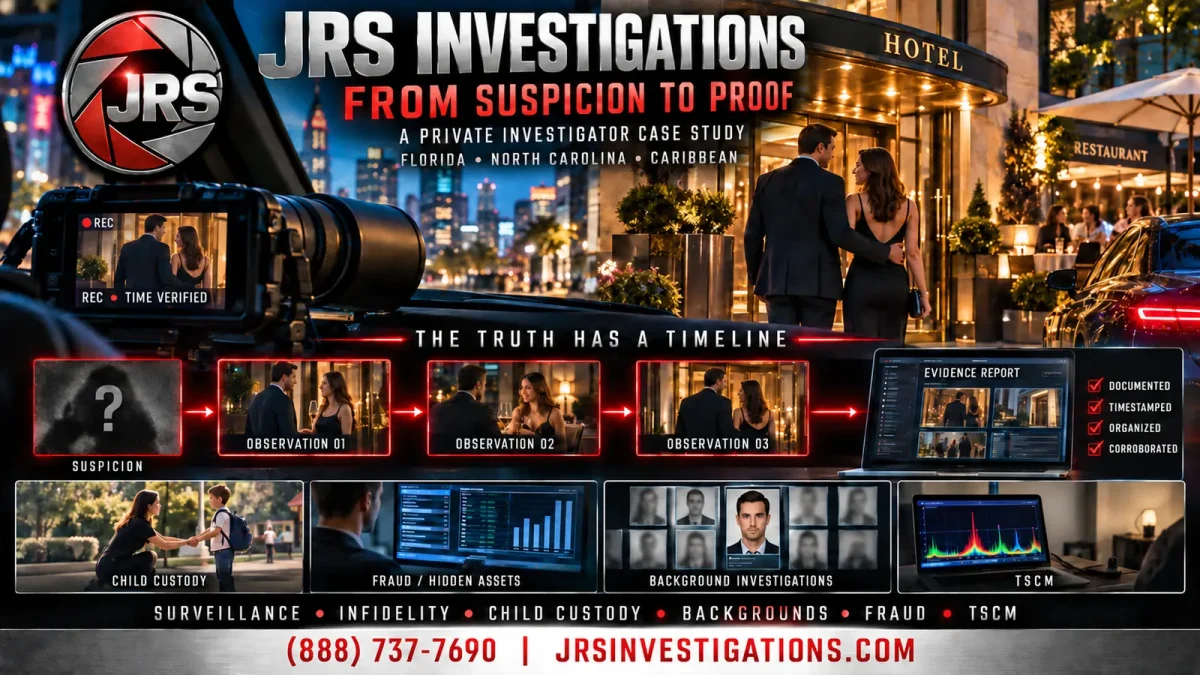 JRS Investigations private investigator case study serving Florida, North Carolina and the Caribbean with surveillance, infidelity, custody, background, fraud and TSCM services