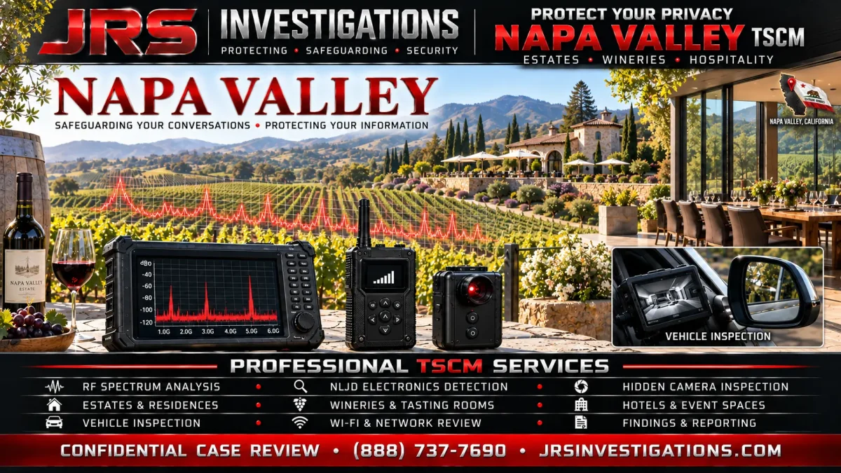 JRS Investigations Napa Valley TSCM planning for estates, wineries, hospitality properties, vehicles, and private meeting spaces