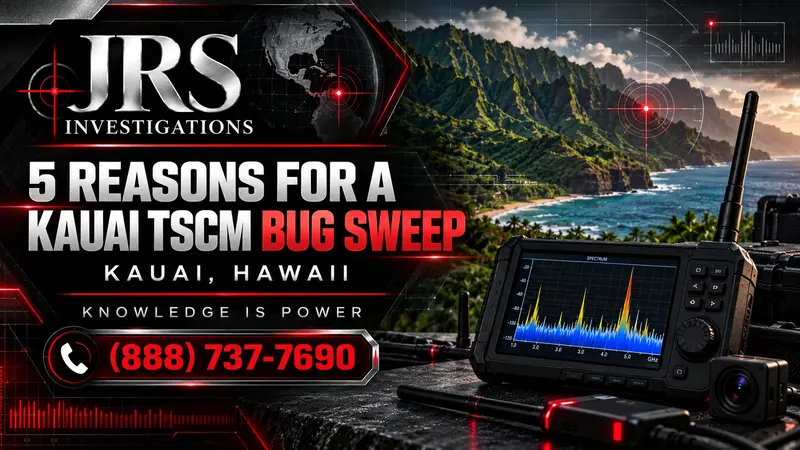 JRS Investigations high-tech Kauai TSCM bug sweep artwork with spectrum analyzer and phone number 888-737-7690
