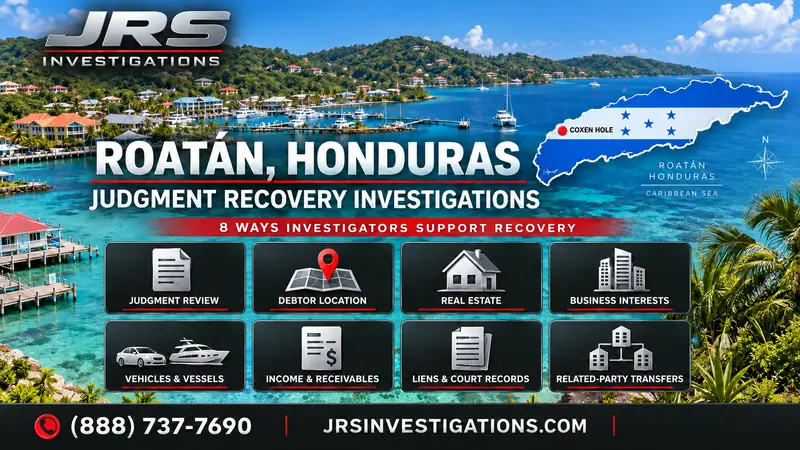 JRS Investigations Roatán Honduras judgment recovery graphic showing the Honduras flag inside the Roatán island map, a red Coxen Hole location dot, and eight investigative support categories