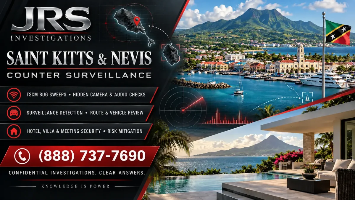 JRS Investigations Saint Kitts and Nevis counter surveillance services with island map, red location pin, national flag, Basseterre harbor and security assessment icons