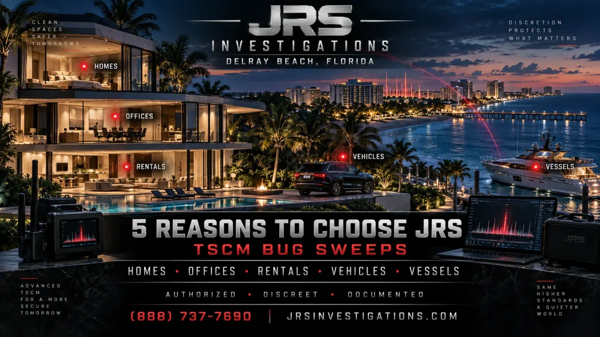 JRS Investigations Delray Beach TSCM artwork showing five RF scan points across a home, office, rental, vehicle and vessel