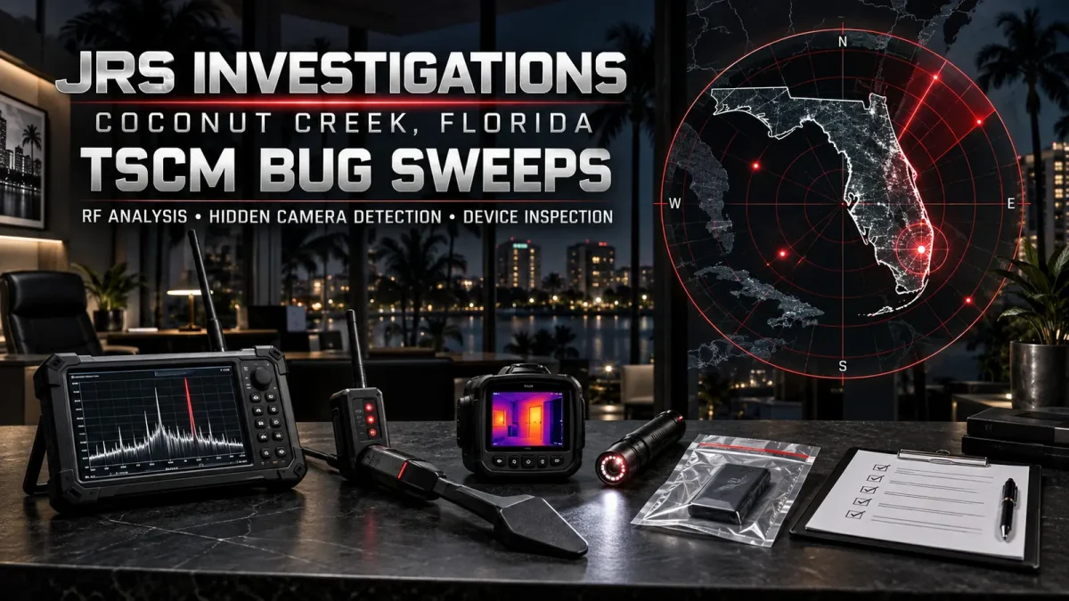 Coconut Creek Florida TSCM bug sweeps with RF spectrum analyzer, nonlinear junction detector, thermal imager, camera detector, and full Florida radar map