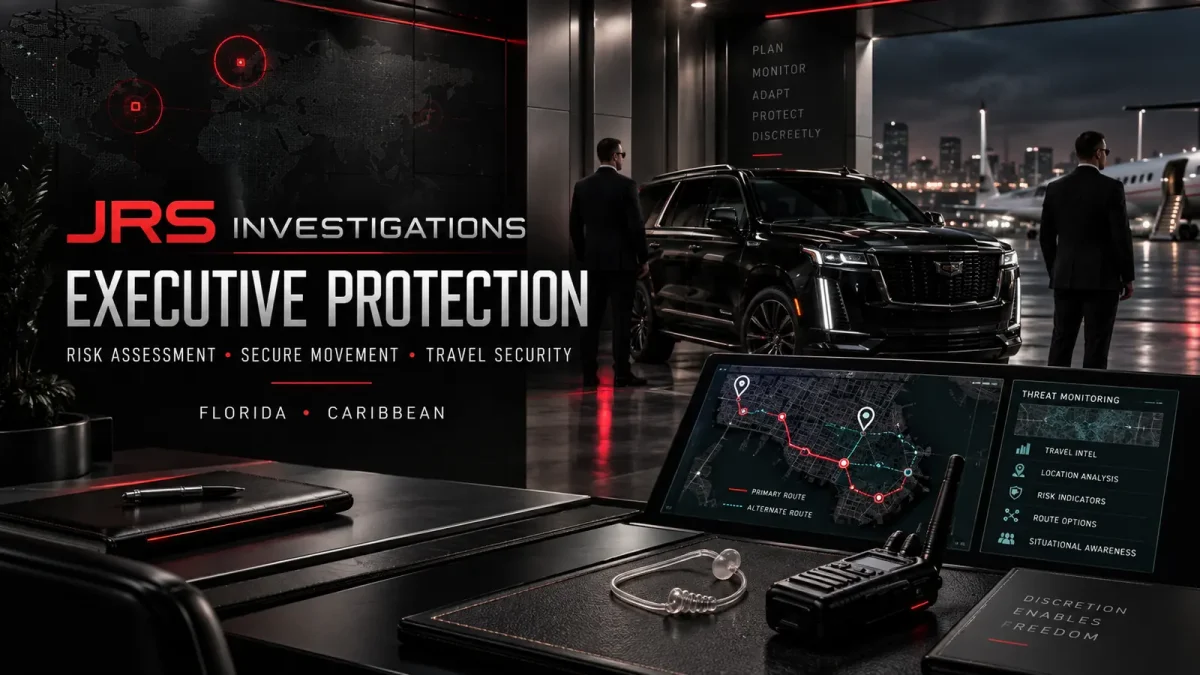 JRS executive protection services with secure vehicle, route planning, communications equipment, and discreet protection agents