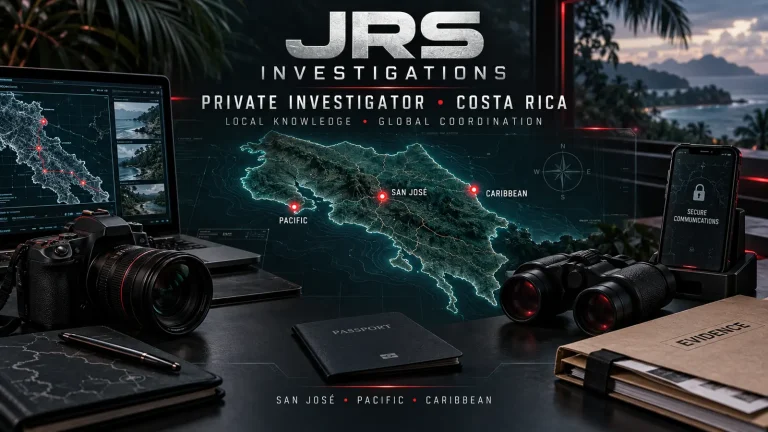 JRS Costa Rica private investigator guide with map, camera, binoculars, secure communications, and evidence case files