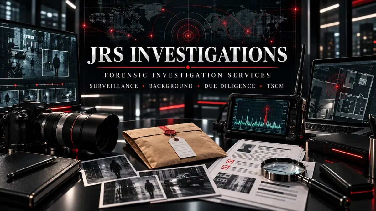 JRS forensic investigation services with surveillance camera, background and due diligence records, TSCM spectrum analyzer, and evidence documentation