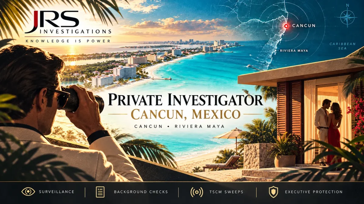 JRS private investigator in Cancun Mexico artwork with investigator observing a couple at a beach bungalow, Cancun coastline, and service labels