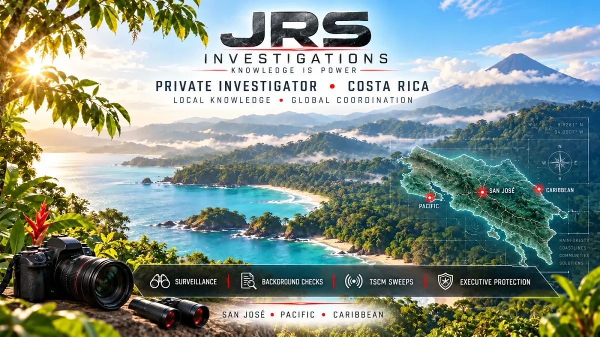 Bright JRS Costa Rica private investigator services artwork with coastline, rainforest, volcano, map, surveillance, background checks, TSCM sweeps, and executive protection